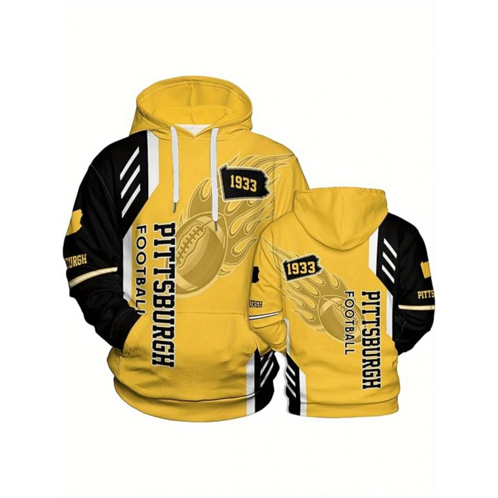 Men's Pittsburgh Logo Hoodie - Team Colors & Number 33 Print Pullover Sweatshirt, Iconic Football Jersey Design for Fans, Casual Game Day Wear & Everyday Apparel (Officially Inspired), PLUS SIZE